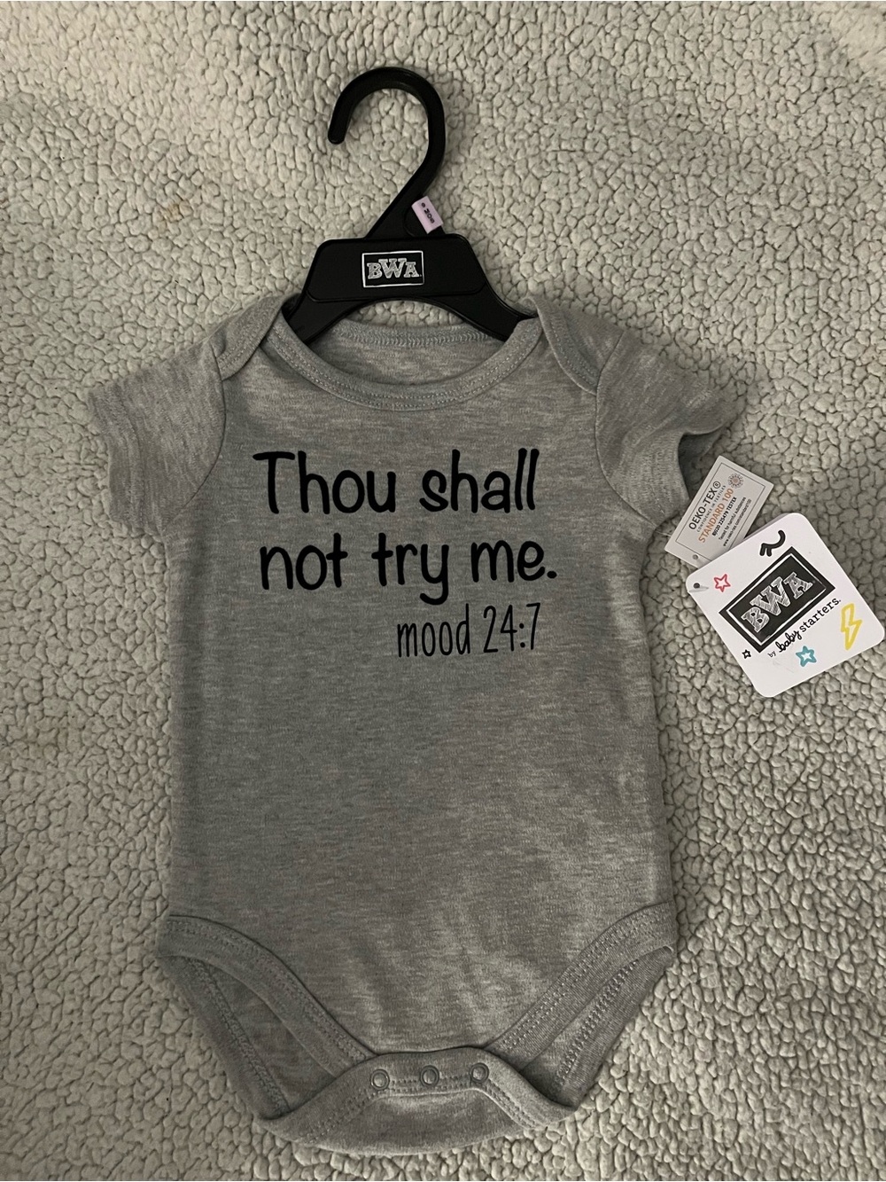 Gray Baby Bodysuit "Thou shall not try me."